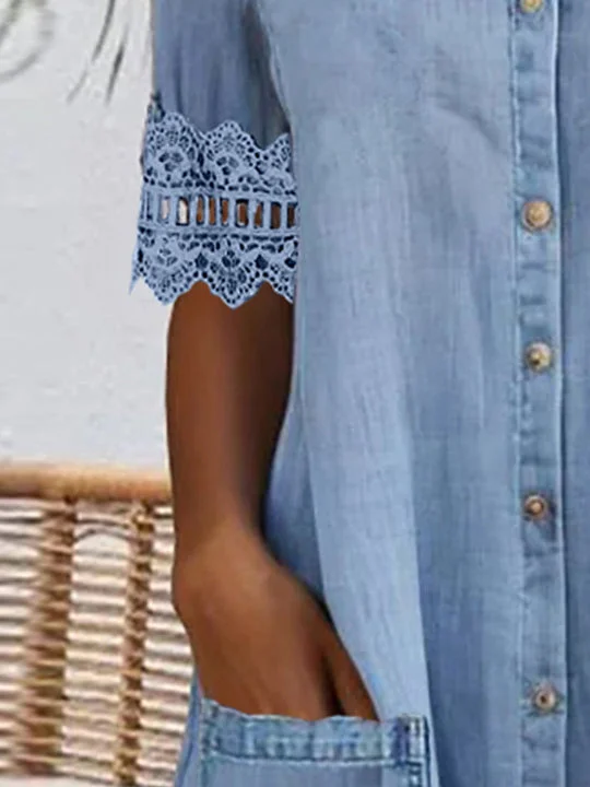 Women Short Sleeve Shirt Collar Solid Button Pockets Lace Denim Midi Dress
