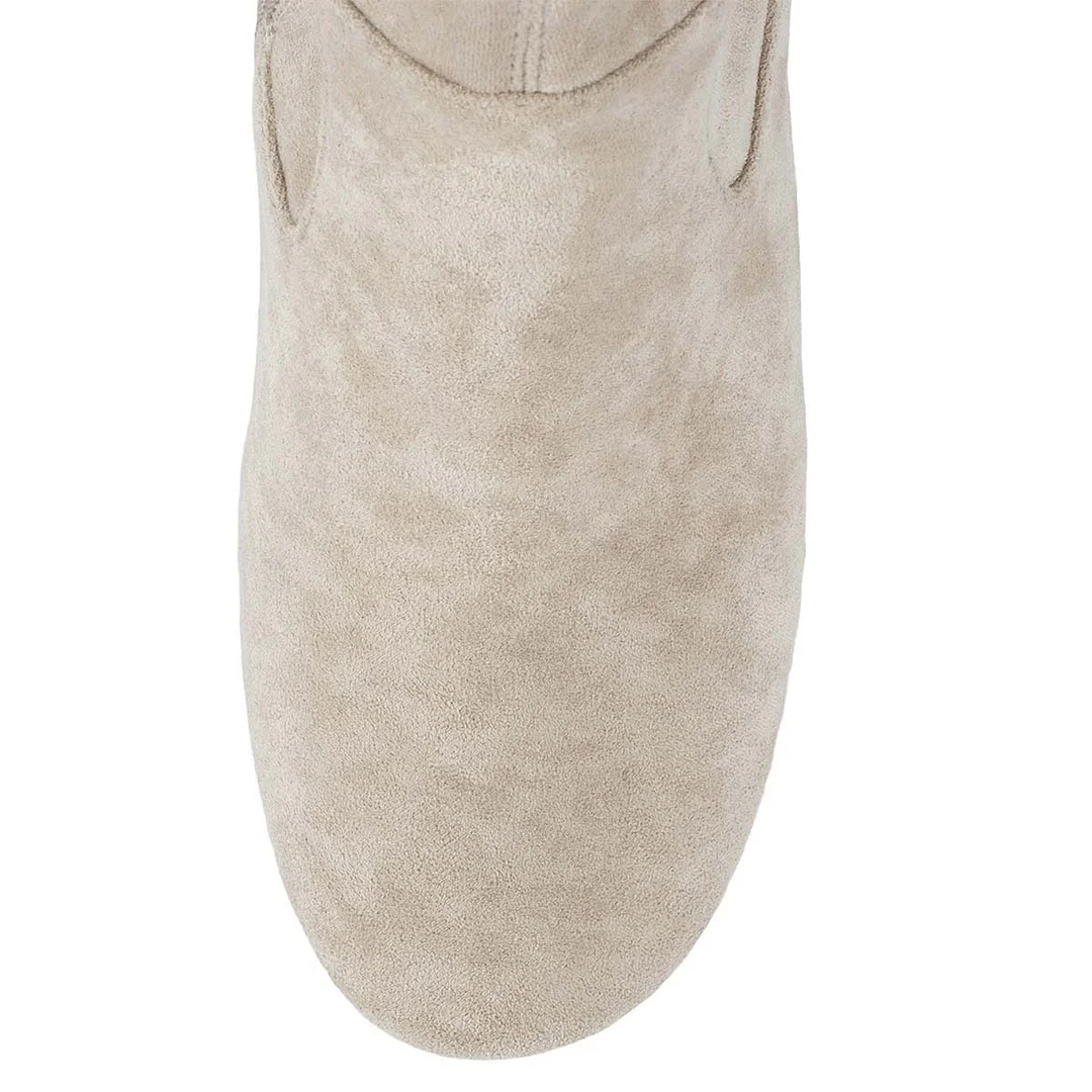 Beige Vegan Suede Round Toe Zipper Chunky Heel Knee High Boots