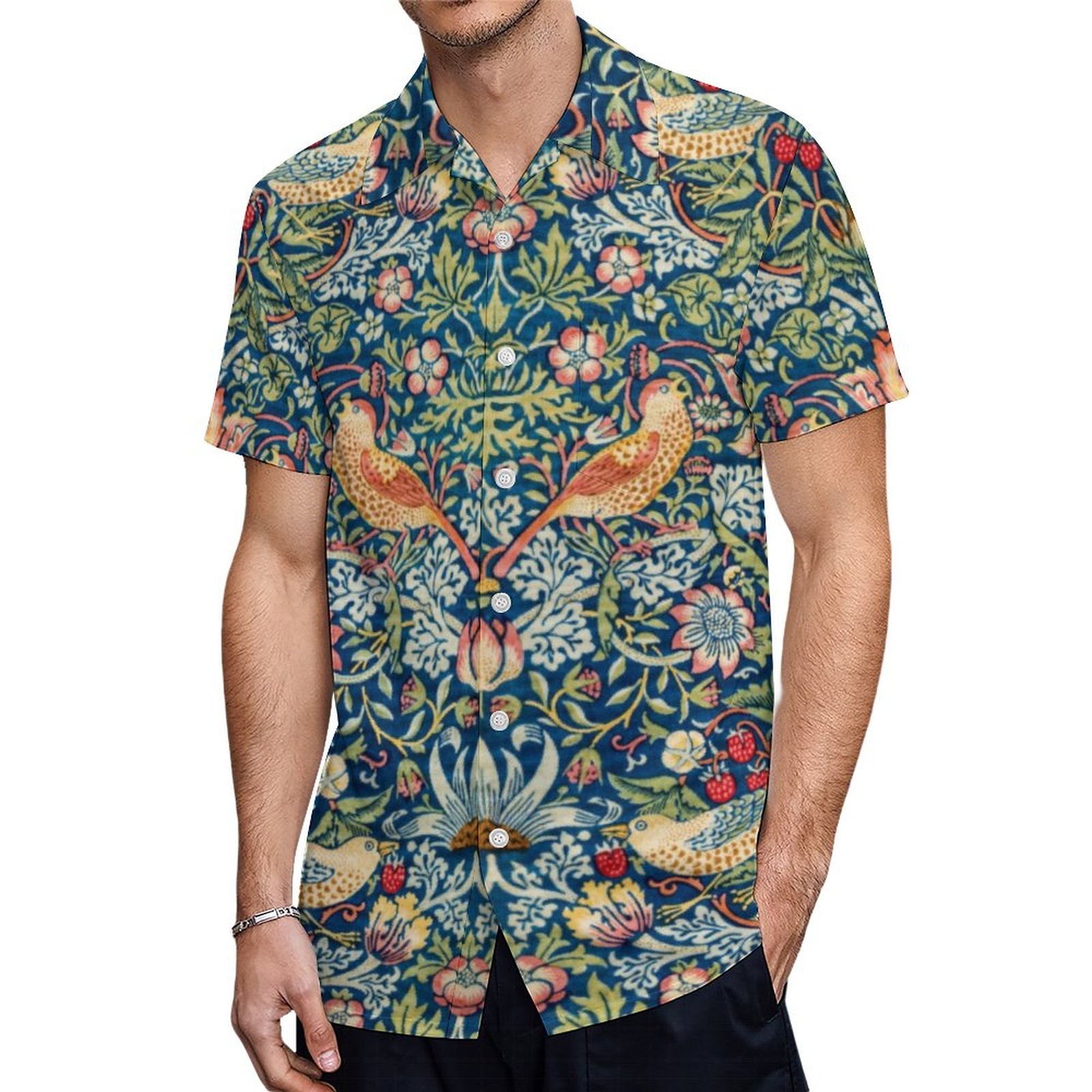Strawberry Thief William Morris Hawaiian Shirt Mens Button Down Plus Size Tropical Hawaii Beach Shirts