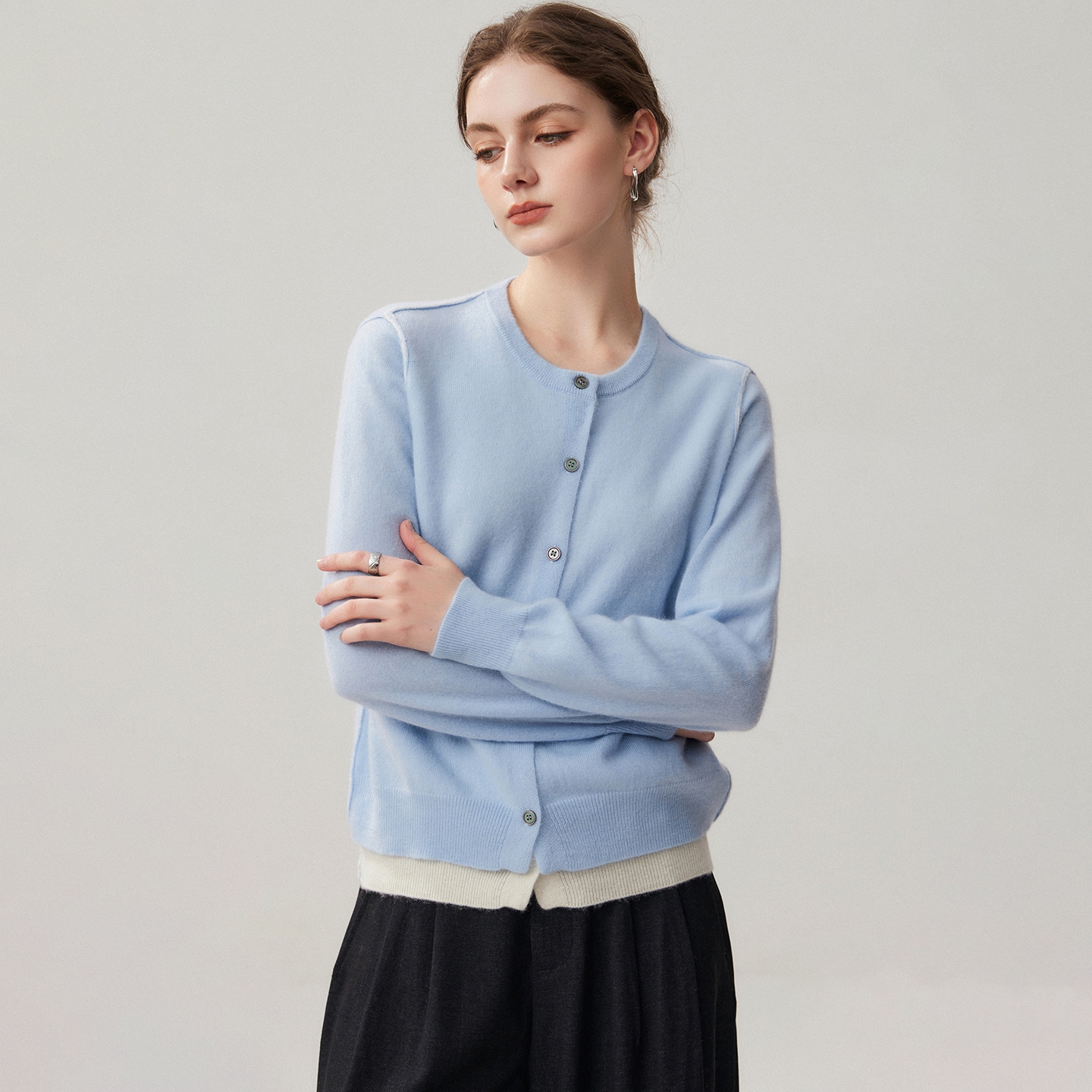 Women's Baby Cashmere Cardigan Relaxed Fit Contrast Hem REAL SILK LIFE