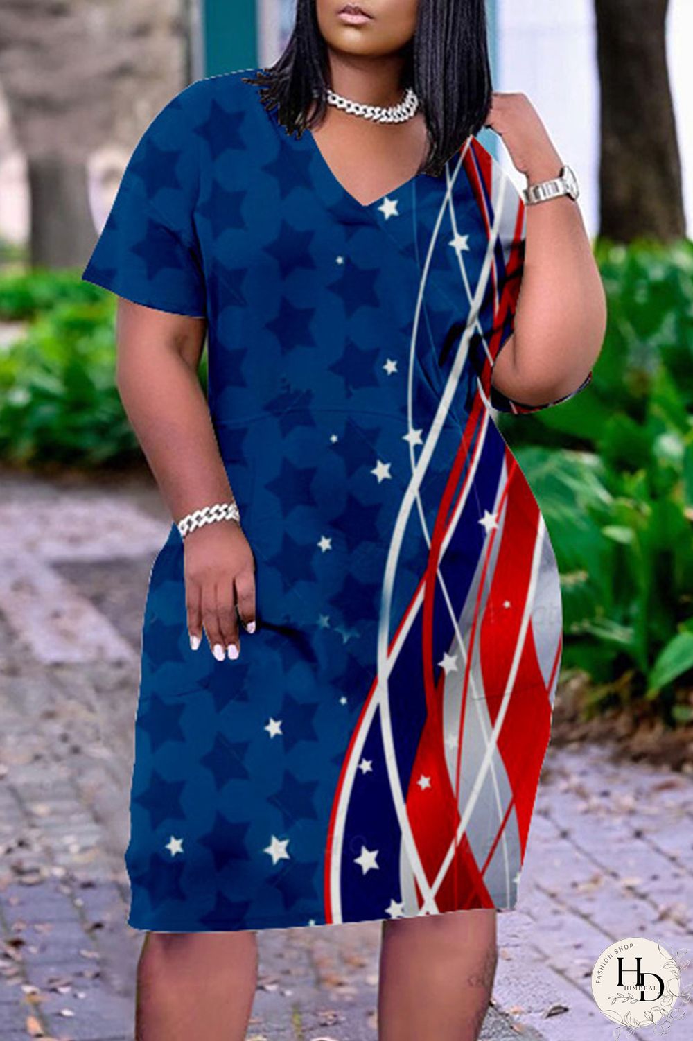 White Blue Red Casual Print Patchwork V Neck Dresses