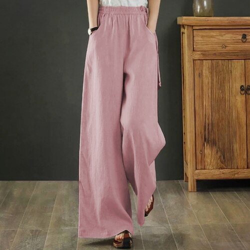 Casual Pants Women Linen Casual Ins S-3XL Female Elegant Popular Spring Baggy Ulzzang Drawstring Wide Leg Trouser 21 Colors Chic
