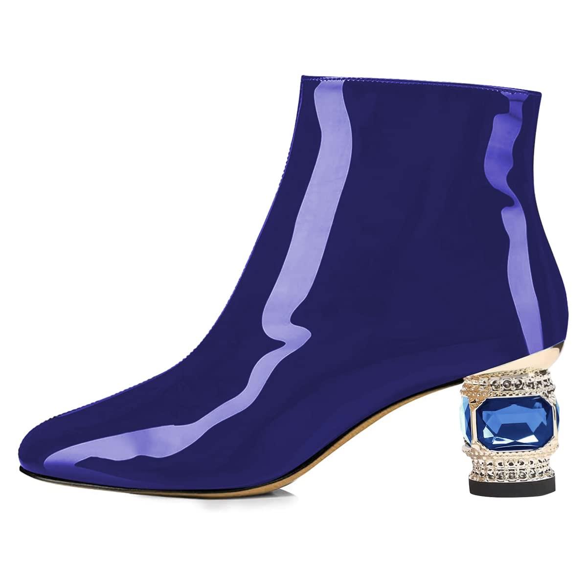 Blue Patent Leather Almond Toe Crystal Decorative Heel Ankle Boots Nicepairs