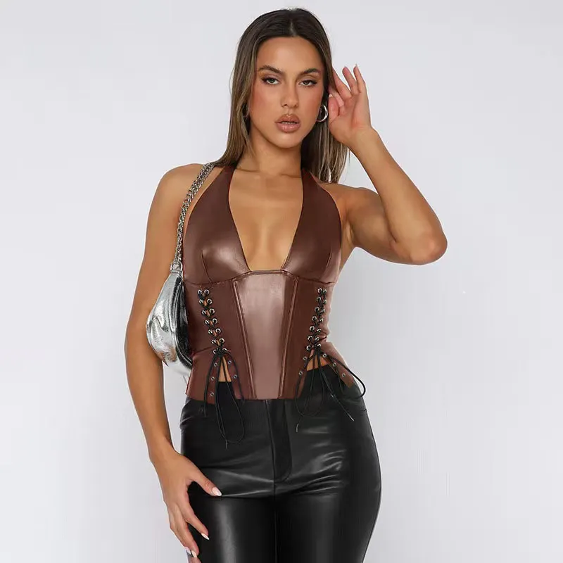 Women's Faux Leather Halter Corset Top