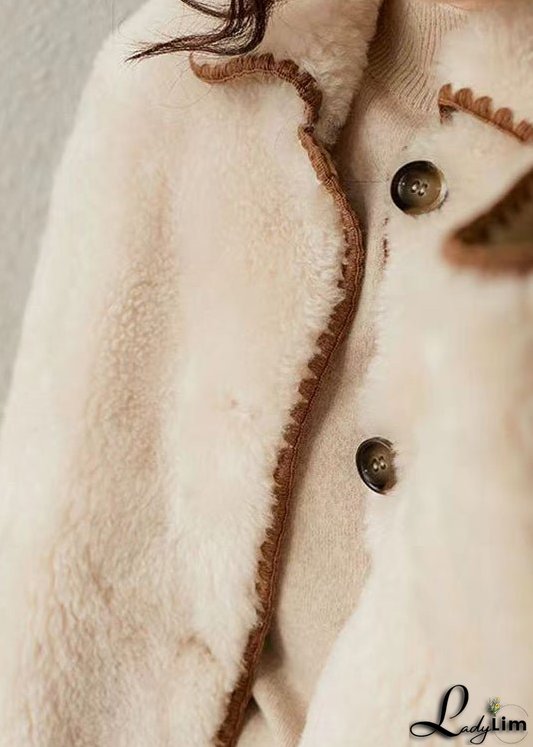 Fitted Beige Peter Pan Collar Pockets Patchwork Wool Coat Winter
