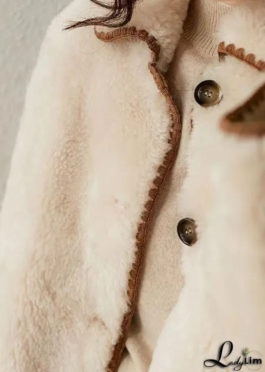 Fitted Beige Peter Pan Collar Pockets Patchwork Wool Coat Winter
