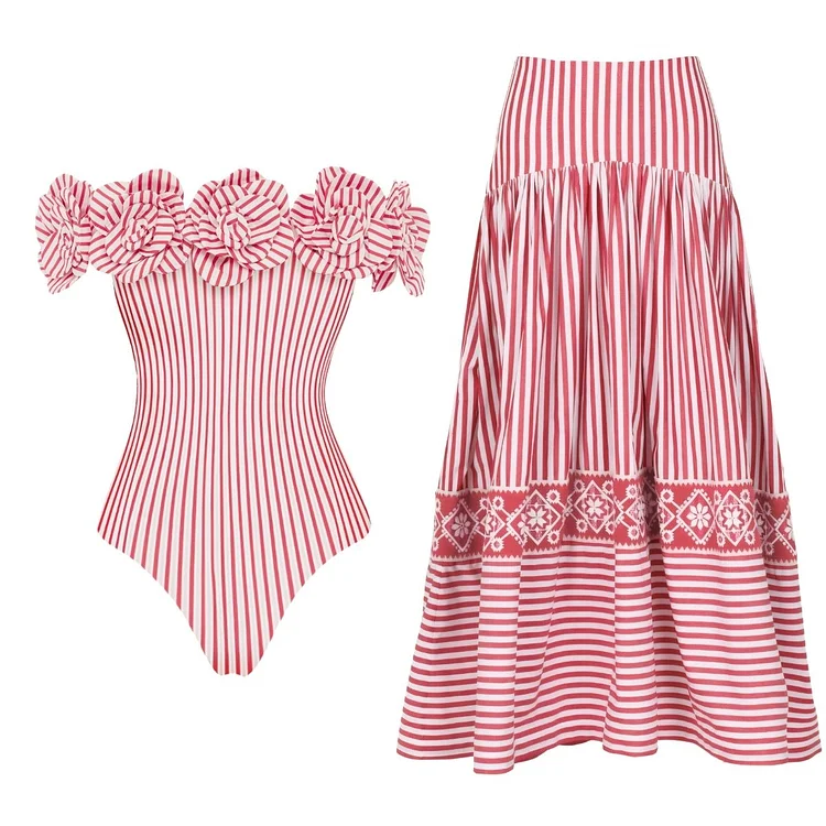 One Shoulder 3D Flower One Piece Swimsuit and Skirt