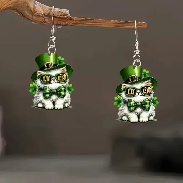 Green Clover Kitten Earrings
