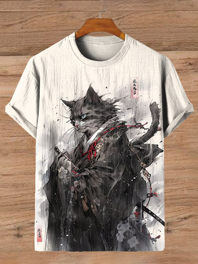 Comstylish Vintage Japan Cat Kimono Samurai Ink Art Print Casual T-Shirt