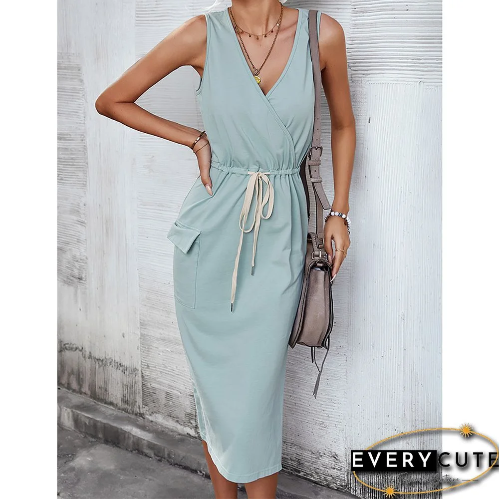 Light Green V Neck Knit Pocketed Casual Dress