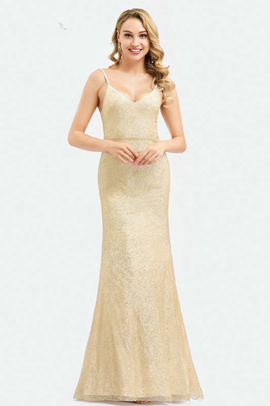 Bellasprom Gold Sequins Mermaid Long Prom Dress SPaghetti-Straps Bellasprom