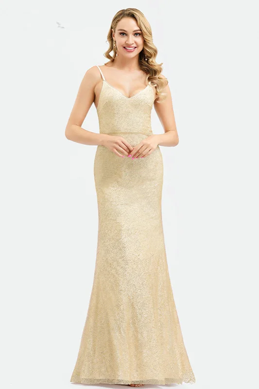 Bellasprom Gold Sequins Mermaid Long Prom Dress SPaghetti-Straps