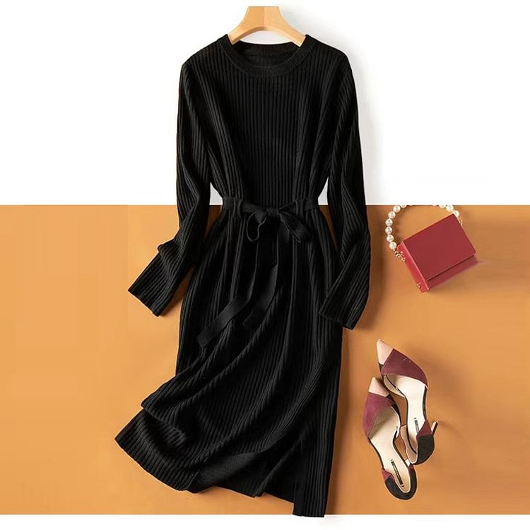 Knitted Plain Casual Long Sleeve Dresses QueenFunky