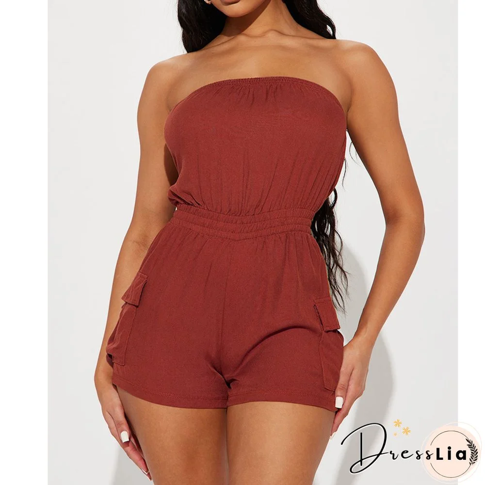Solid Color Strapless High Waist Cargo Rompers