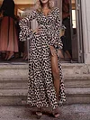 Leopard Print Flared Sleeves Bandage Tunicshang Maxi Dress