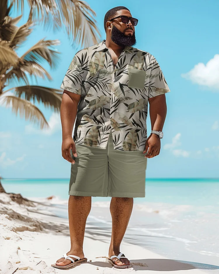 Men's Plus Size Hawaiian Gradual Palm Leaf Print Pocket Shirt Shorts Suit