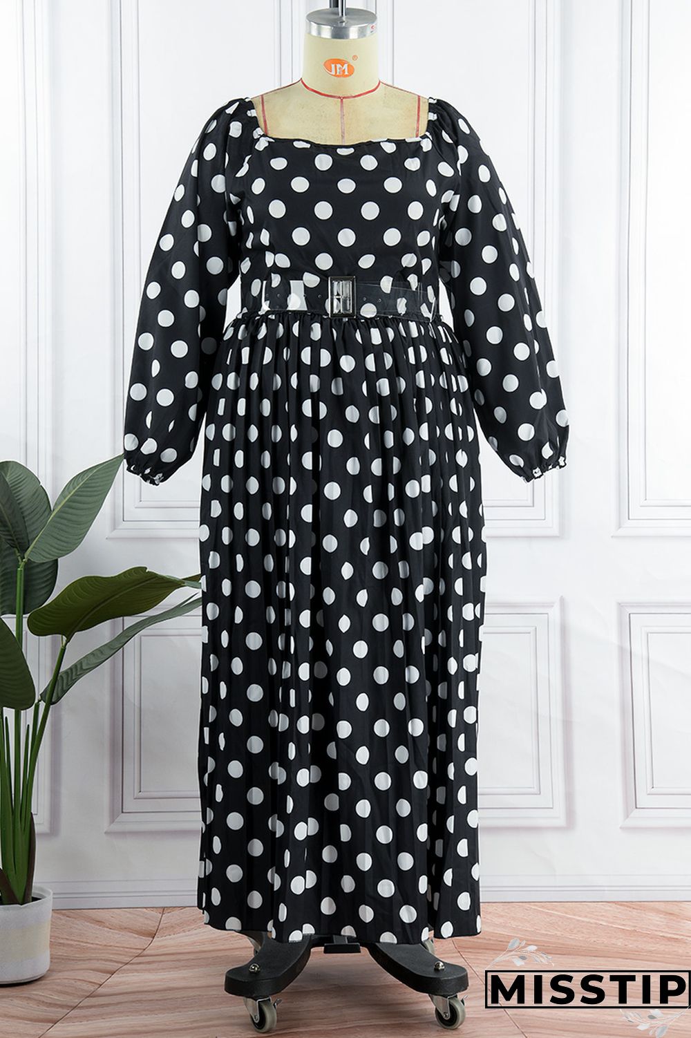Black Casual Dot Print Patchwork Backless O Neck Long Sleeve Plus Size Dresses (Without Belt)