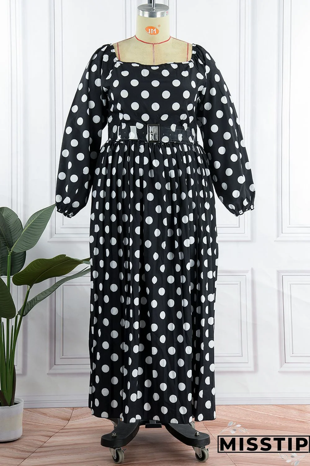 Black Casual Dot Print Patchwork Backless O Neck Long Sleeve Plus Size Dresses (Without Belt)