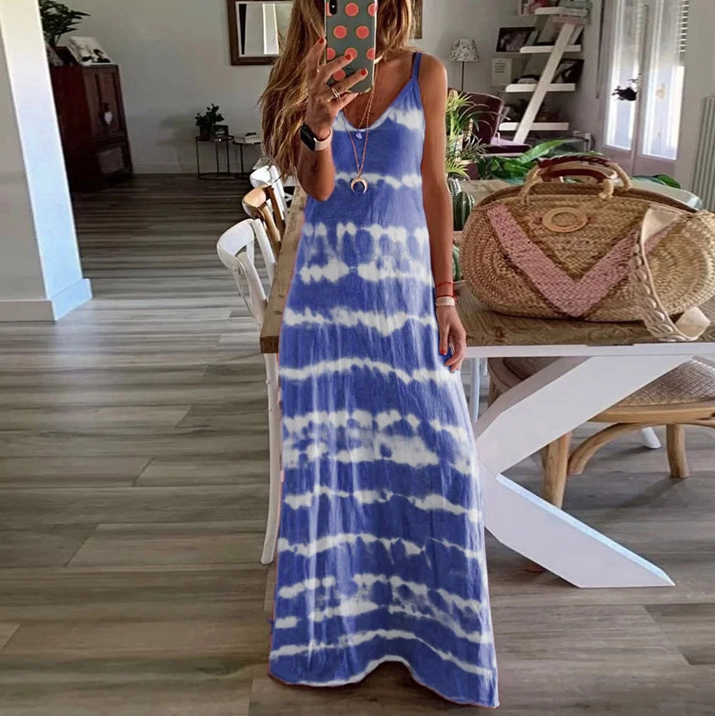 Plus Size Dress Women Gradient Tie-Dye Striped Summer Dresses V Neck Sleeveless Casual Bohemian Maxi Dress Beach Tank Dresses
