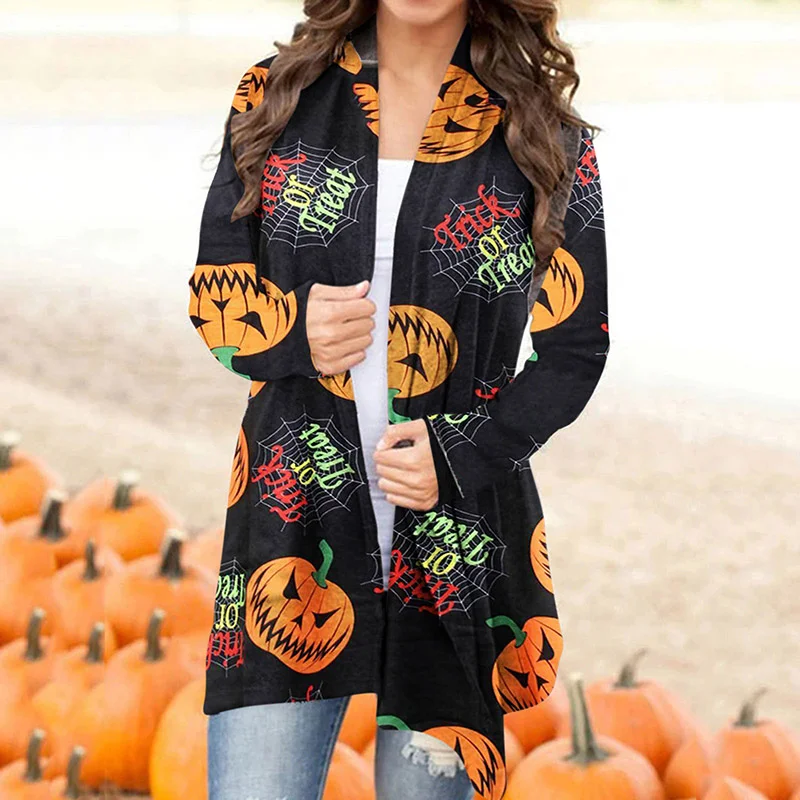 All-black Women Pumpkin Pattern Designer Longline Cardigan Coat
