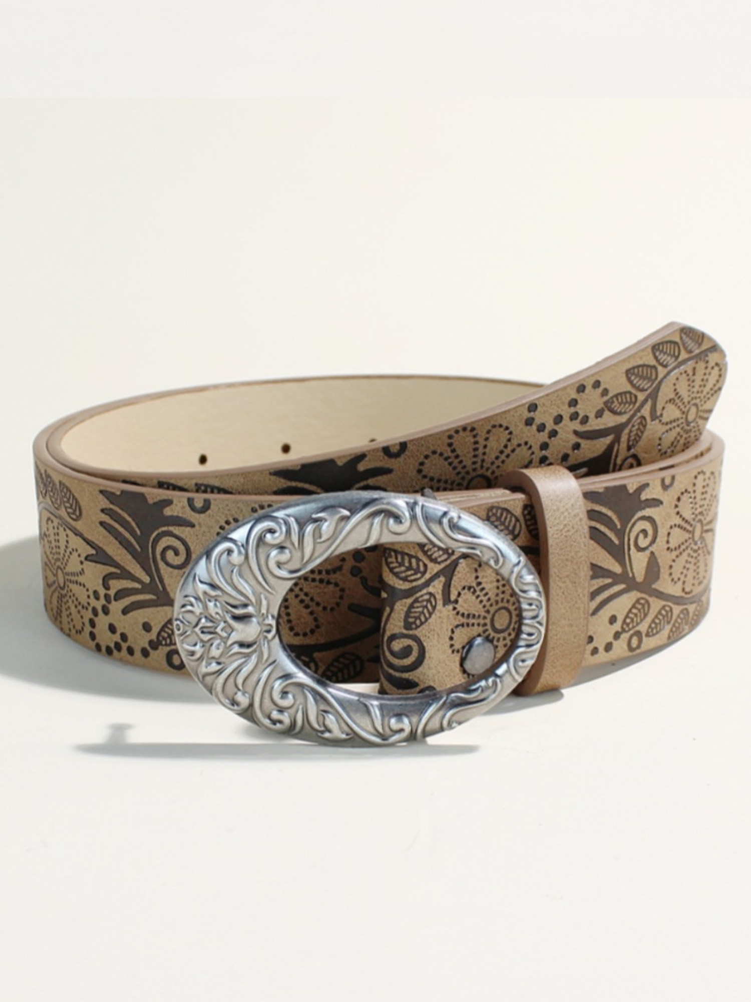 Day Accessory &mdash; Sand Brown Embossed Botanical Belt With Textured Scroll-Metal Buckle