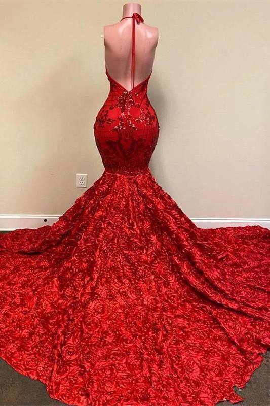 Daisda Spaghetti-Straps Mermaid Red Prom Dress Sequins