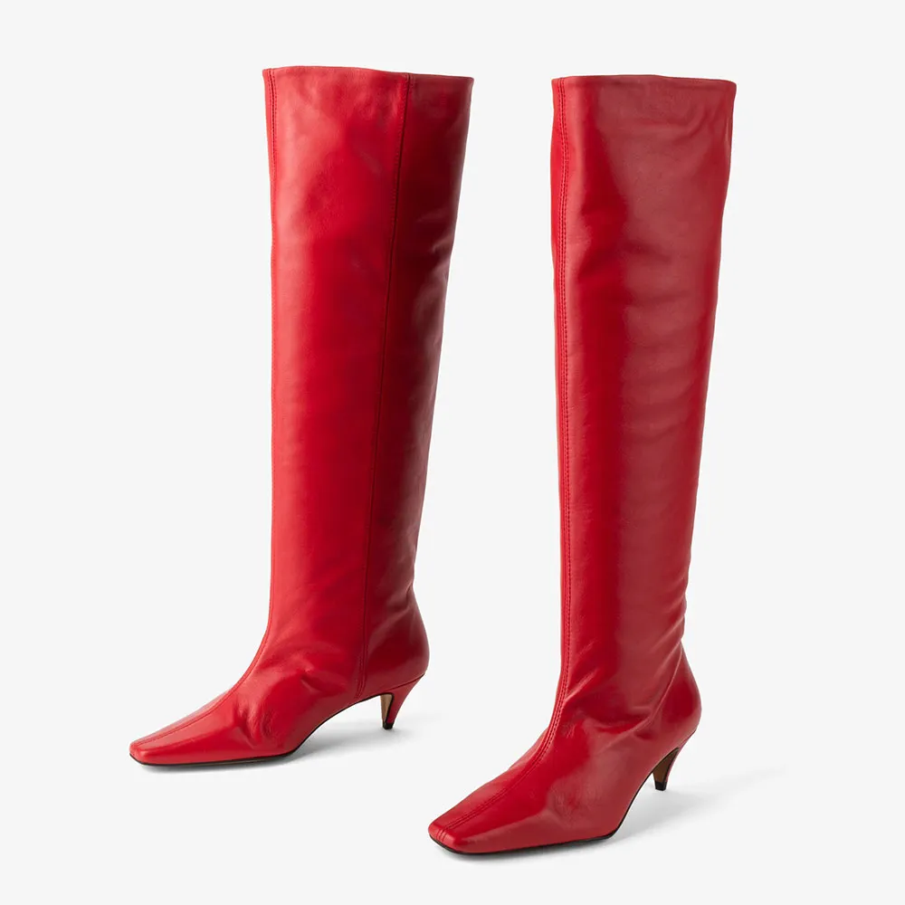 Red Faux Leather Square Toe Kitten Heel Long Boots for Women