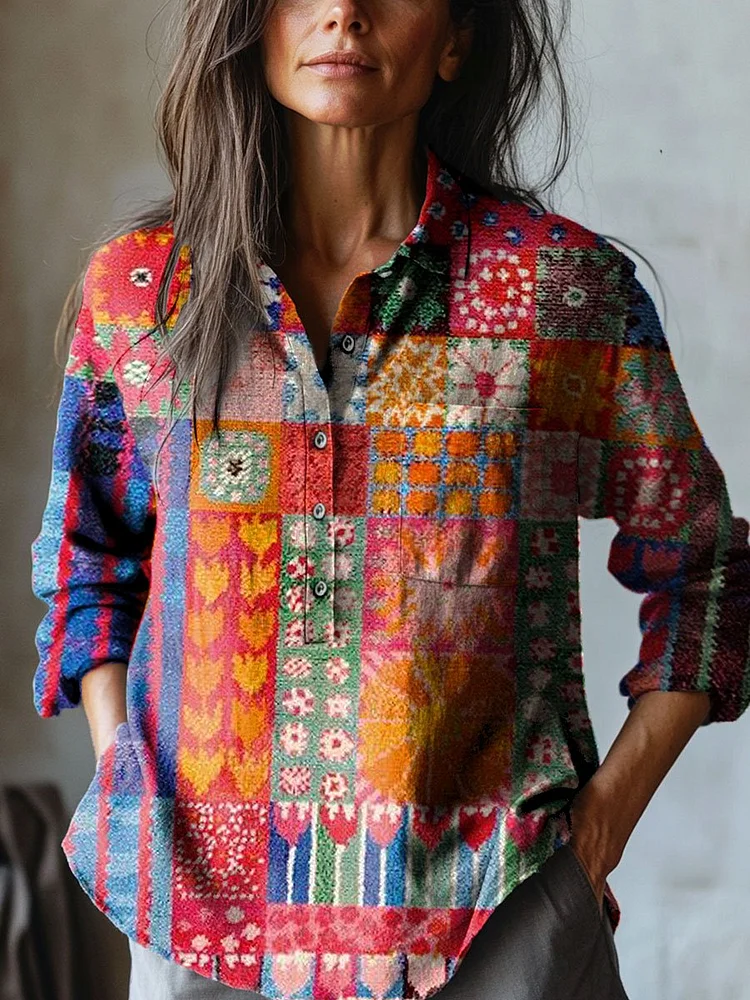 Women's Vintage Floral Art Print Casual Cotton And Linen Shirt