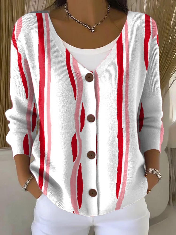 Irregular Stripes Plaid Print Buttoned V-neck Cardigan Sweater