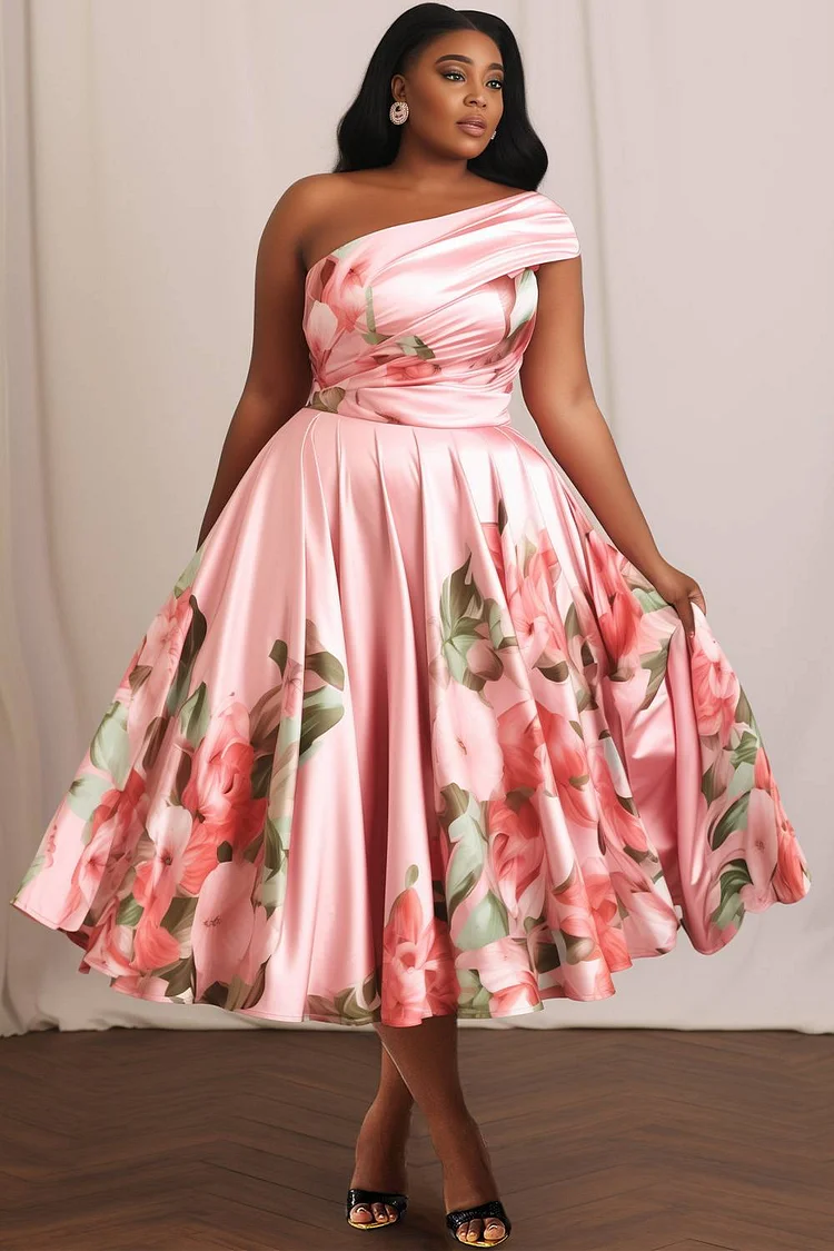 Xpluswear Design Plus Size Semi Formal Pink One Shoulder Satin Maxi Dresses