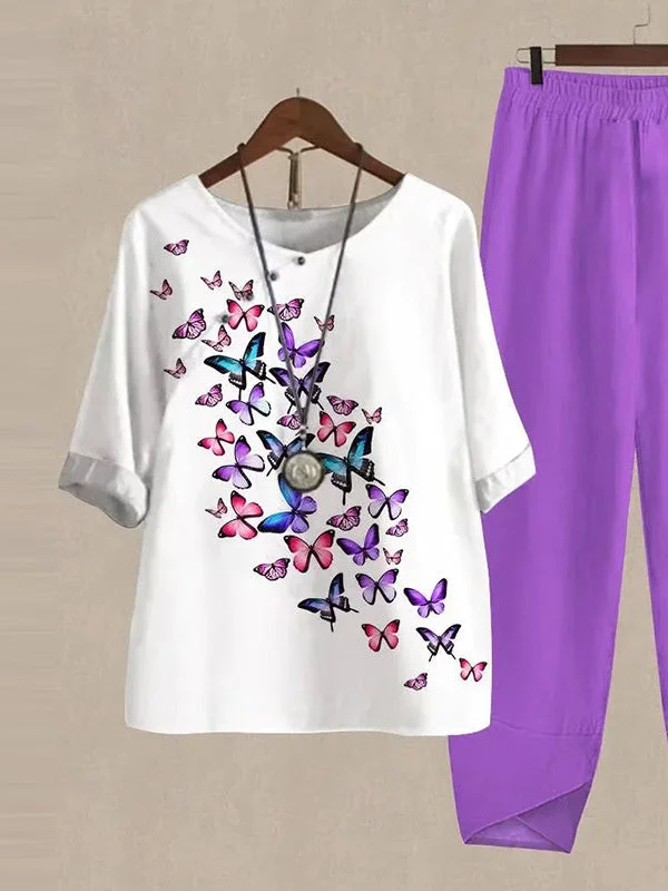 Women's Button Stitching Butterfly Graphic Printed Scoop Neck Short Sleeve Sets