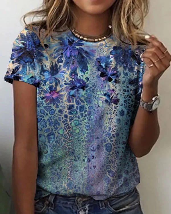 Women's Flower Pattern Crew Neck T-shirt