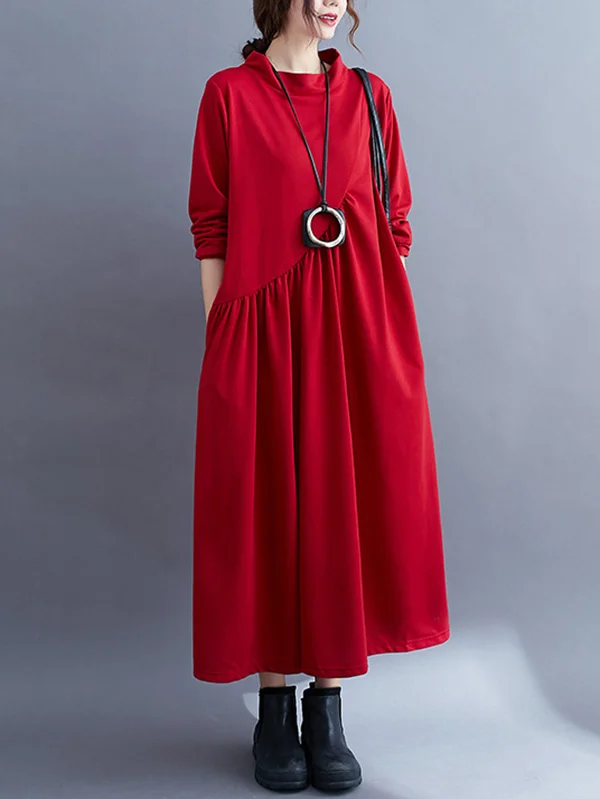 Simple Solid Color Asymmetric Split-Joint Long Sleeve Midi Dress