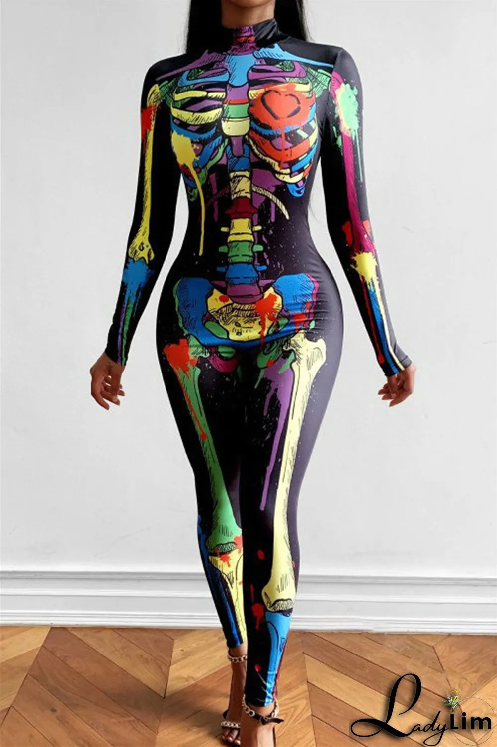 Black Fashion Casual Print Patchwork Half A Turtleneck Skinny Jumpsuits