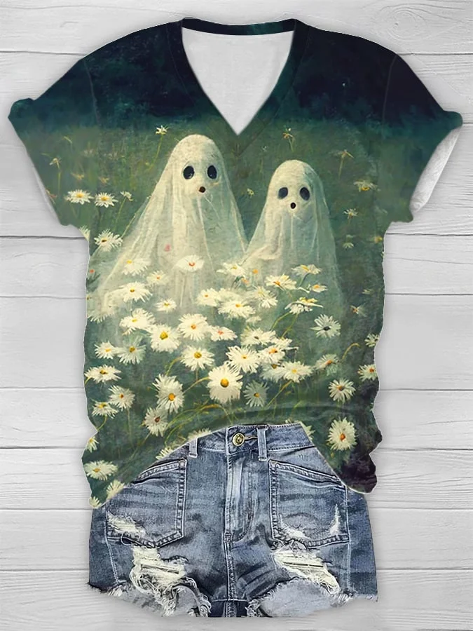 Women's Casual Ghost Art Print Short Sleeve T-Shirt