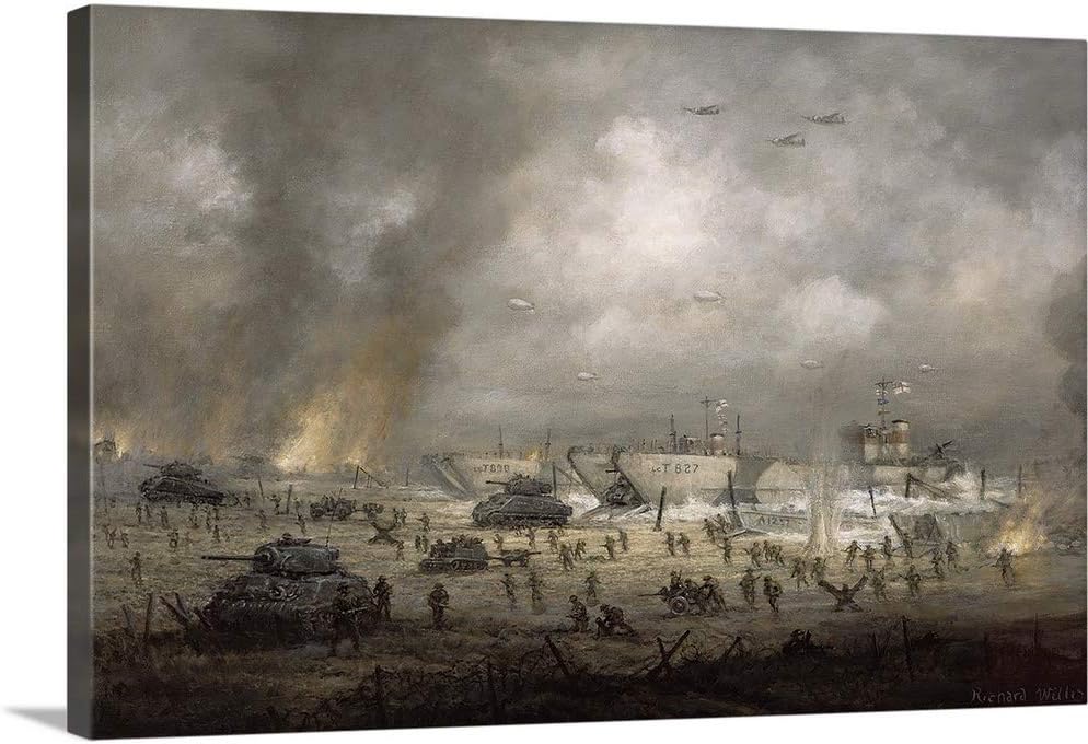 The Tanks Go in', Sword Beach Canvas Wall Art Print, Military Artwork 24 x 16 inch