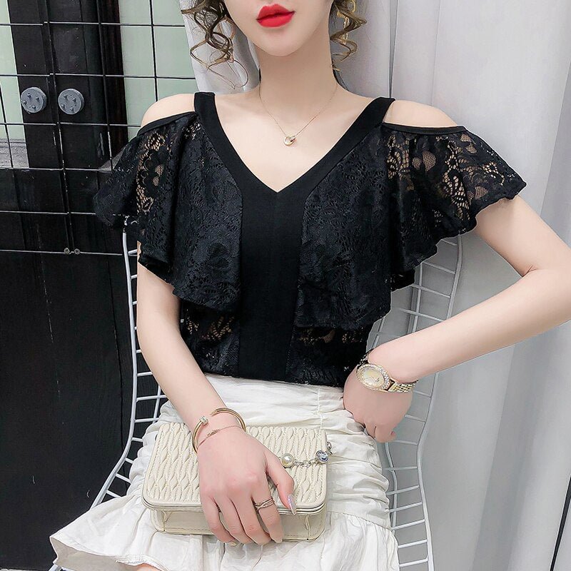 White Lace Blouse 2022 Summer New Sexy Off-shoulder Ruffle Tops Simple V-neck Black Shirts Casual 3XL Blusas Mujer 14055