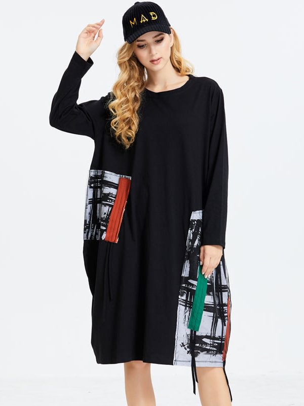 Original Split-Joint Contrast Color Long Sleeve Midi Dress