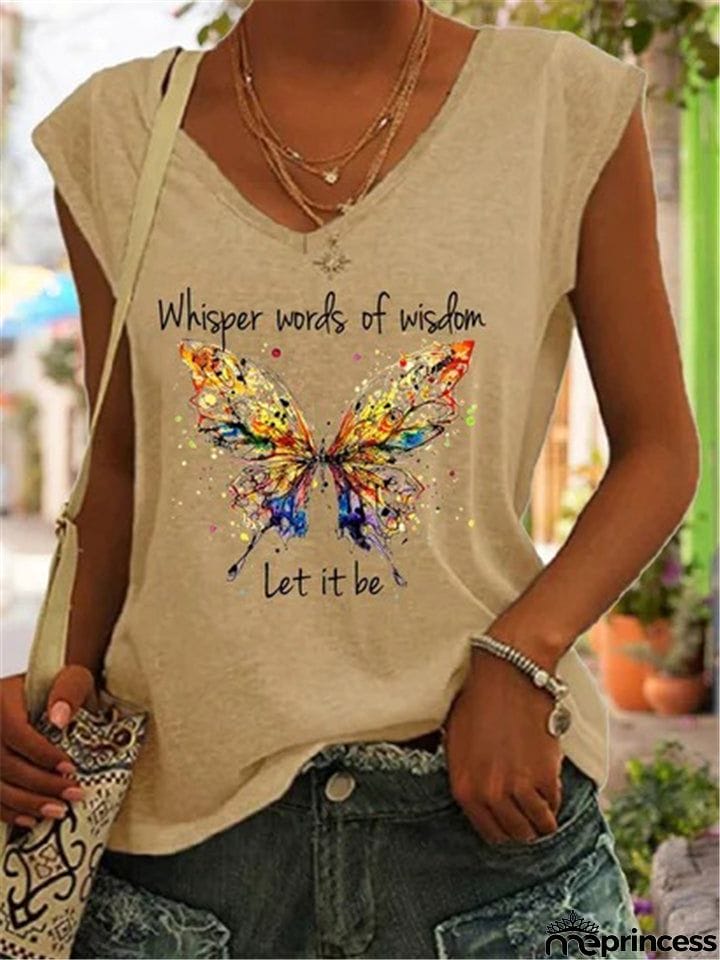 Butterfly And Words Printed V-Neck T-Shirts
