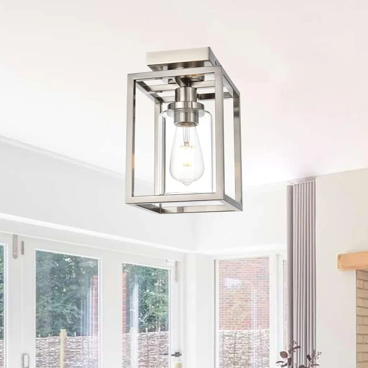 Semi Flush Mount Ceiling Light Brushed Nickel Finish, 1-Light Industrial Island Light Geometric Metal Cage Farmhouse Ceiling Light Fixture