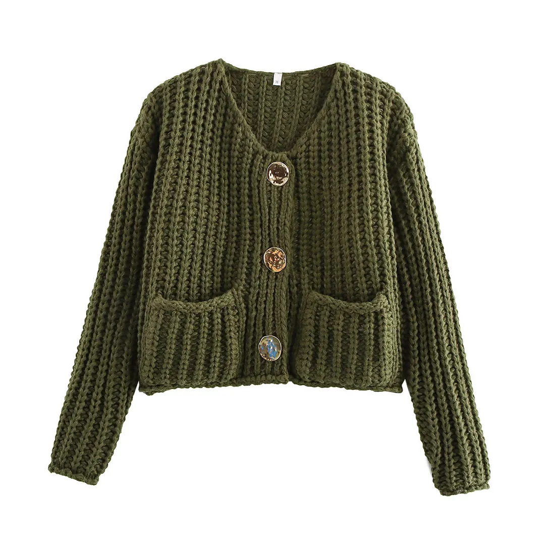 Nigikala Nigikala Women's Solid Color Single Buckle Double Pocket Short Thick Knit Shirt Coat Top B66004