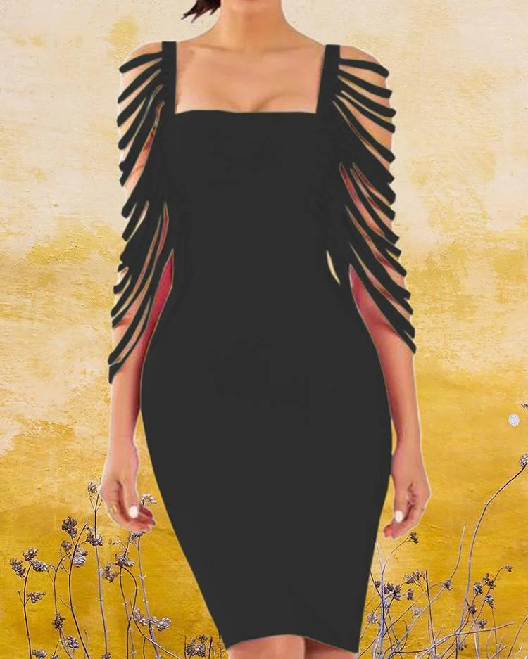 Square Neck Tassel Sleeve Bodycon Dress Black Dresses | EGEMISS