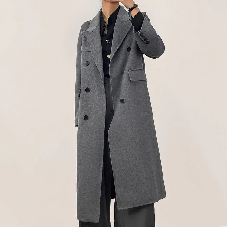 Grey Premium Wool Double-Breasted Longline Coat QueenFunky