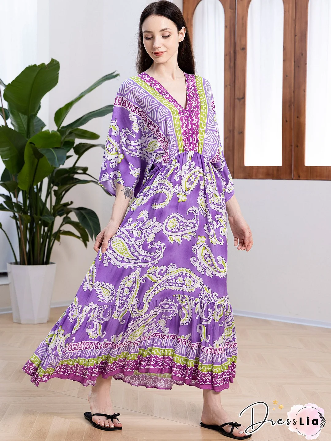 Fashion Print Patchwork V Neck Straight Dresses