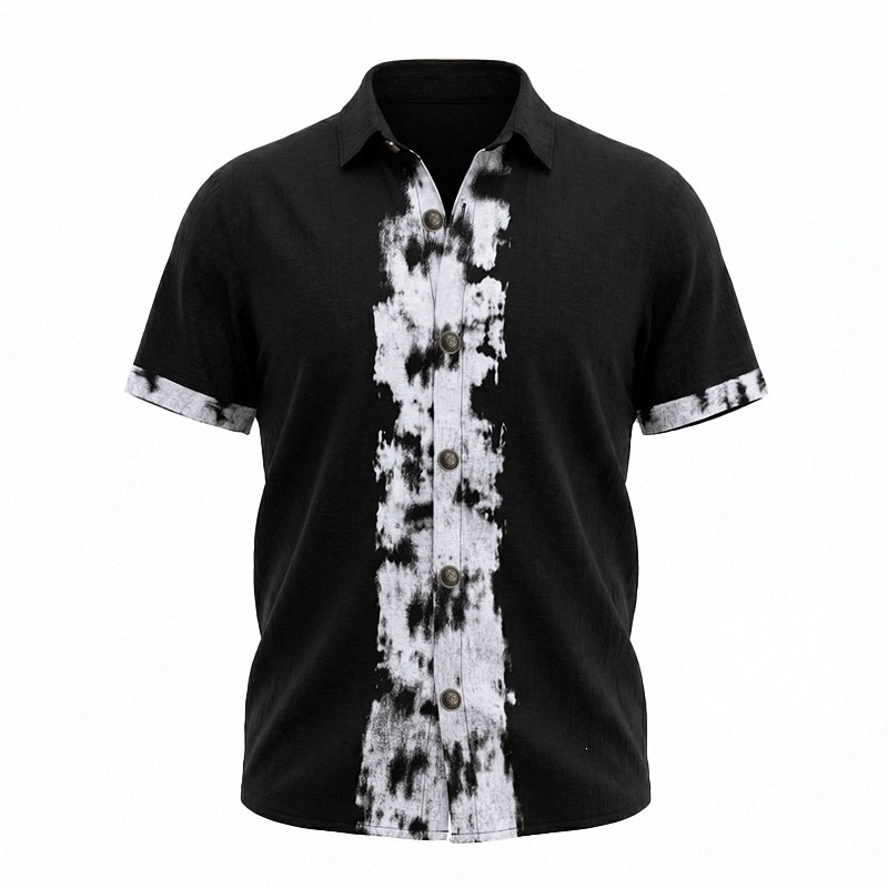 2026 Men’s Summer Linen Shirt Abstract Splash Ink Graffiti Loose Casual Vintage Short Sleeve Shirt