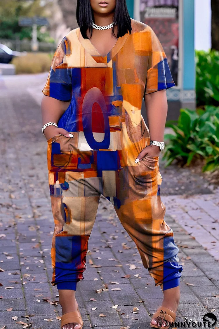 Brown Casual Print Patchwork V Neck Regular Jumpsuits