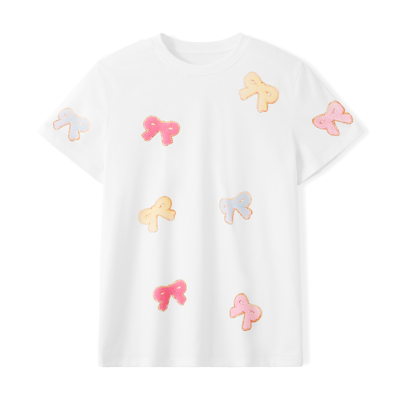 Funnipros Women's Short Sleeve T-shirts Glitter Bow Pattern Crew Neck Summer Cute Casual Tops Loose Shirts