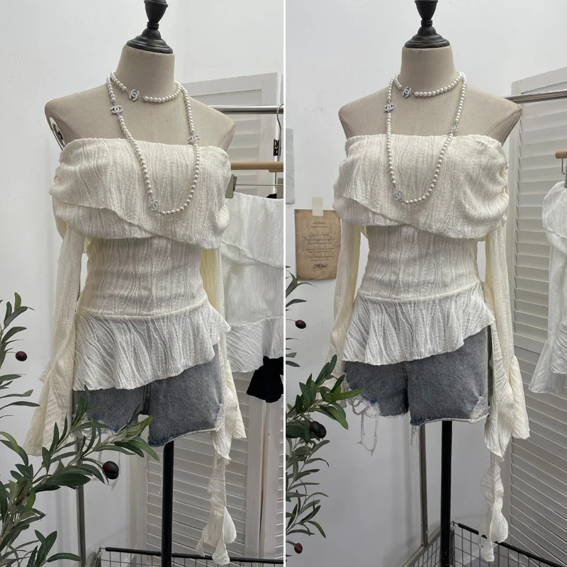 Uveng The Ballet Style Shoulder Fold Texture Texture Coat Irregularly Ribbon Horn Sleeve Short Shirt 1158