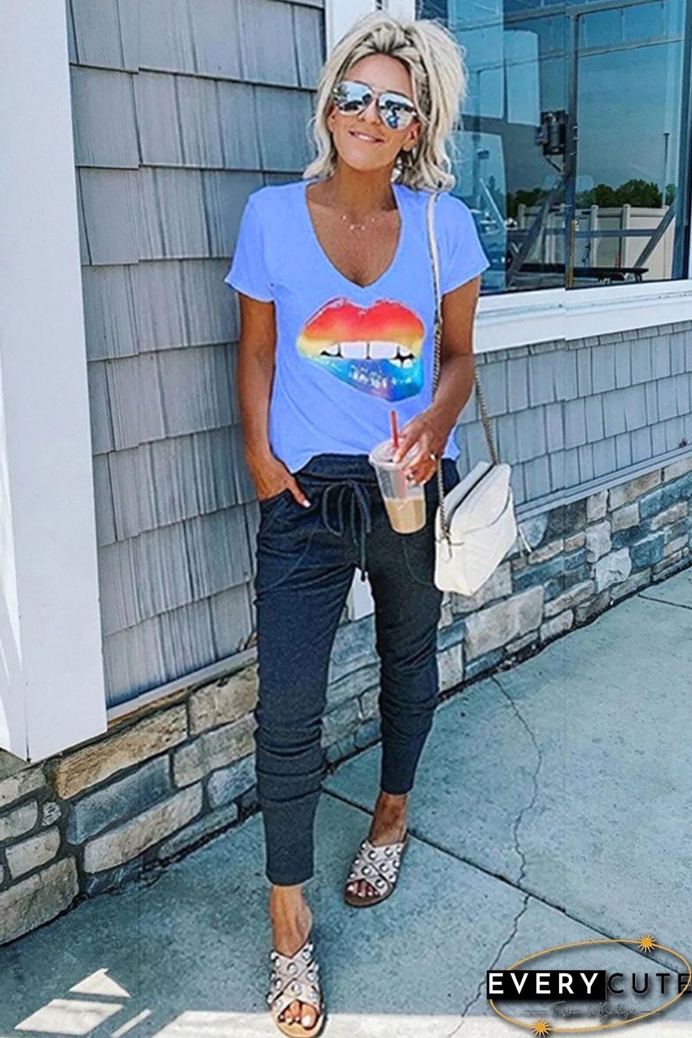 V Neck Sexy Mouth Blue T-shirt