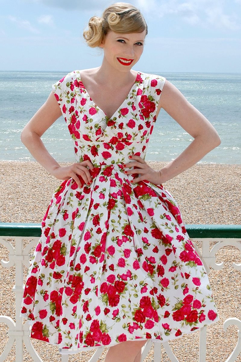 1950s White Party Rose Print Pleated Floral Bell Midi Dress [Pre-Order]